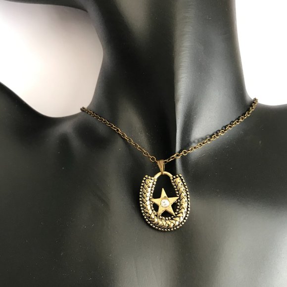 Horseshoe Necklace Crystal Gold Brass Plated 24" Country Western Cowgirl Luck - Picture 3 of 9